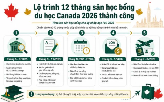 Lộ trình 12 tháng săn học bổng du học Canada 2026 thành công