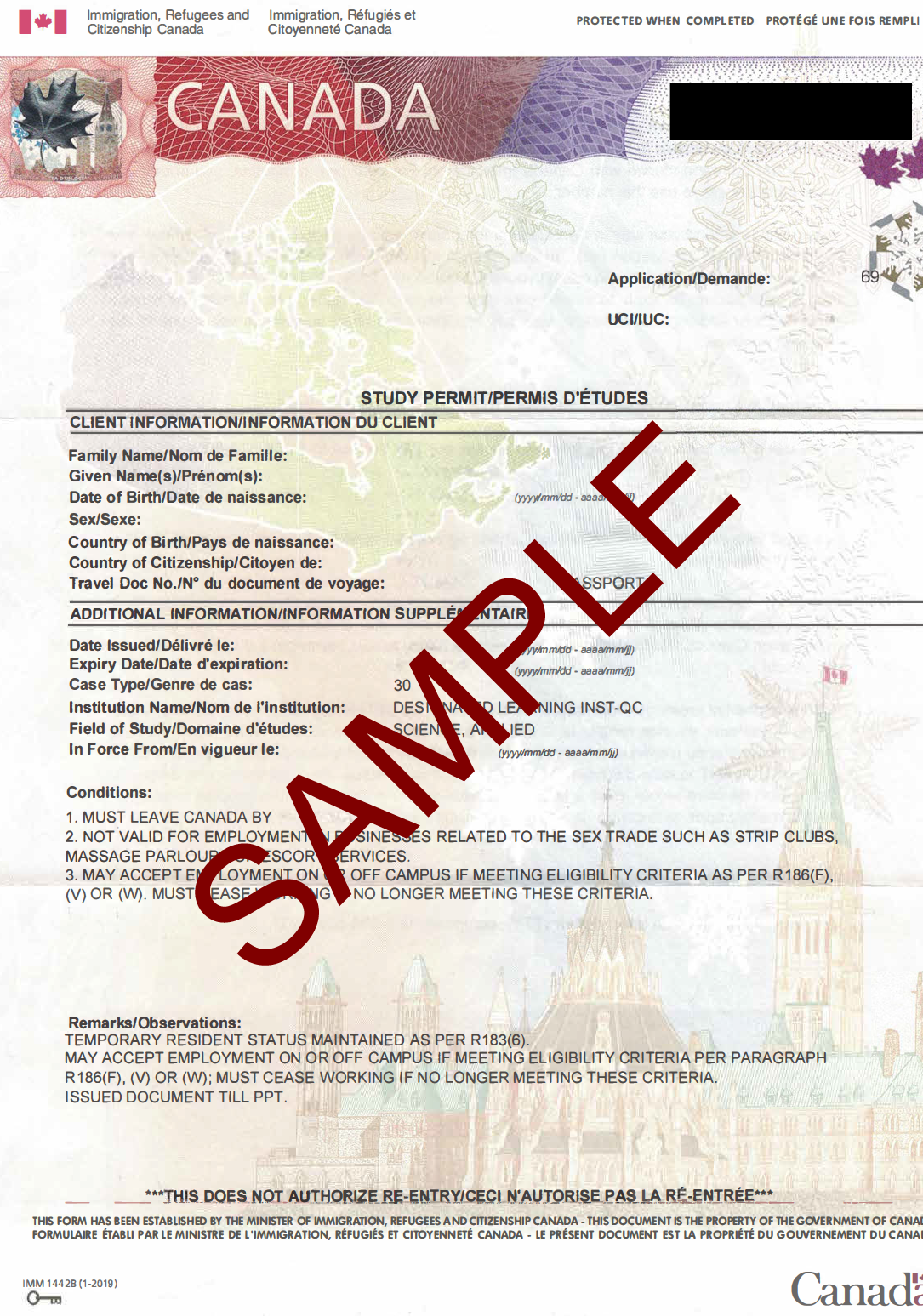Study Permit mẫu của Canada