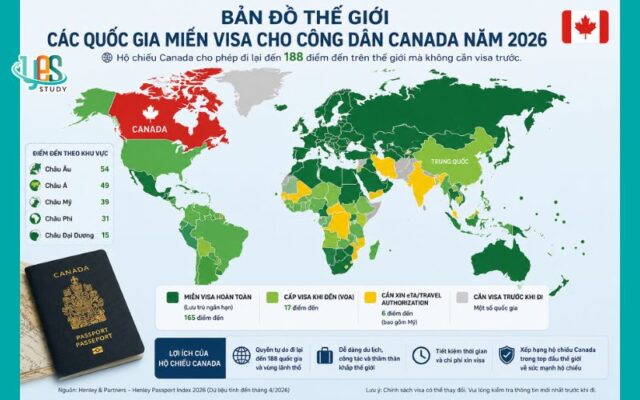 Bản đồ thế giới thể hiện các quốc gia miễn visa cho công dân Canada
