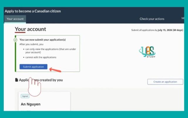 Nhấn "Submit application" để nộp hồ sơ chính thức