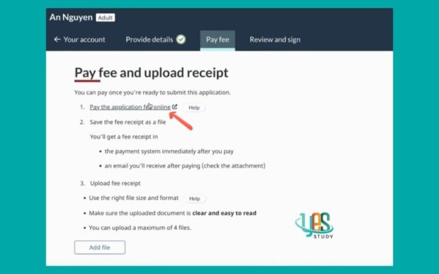 Nhấn 'Pay the application fee online' để chuyển đến cổng thanh toán phí