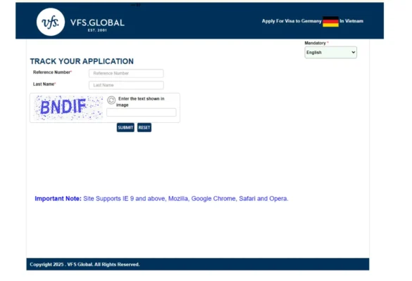 Màn hình giao diện tra cứu qua hệ thống VFS Global
